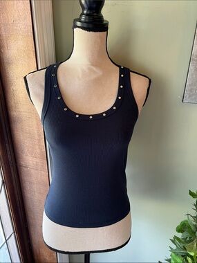 Michael Kors Navy Ribbed Tank with Gold Stud Accents